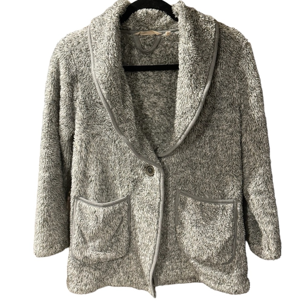 Soft Surroundings PS Sweater Hugs Gray Plush Poly Sherpa Cardigan Jacket Small
